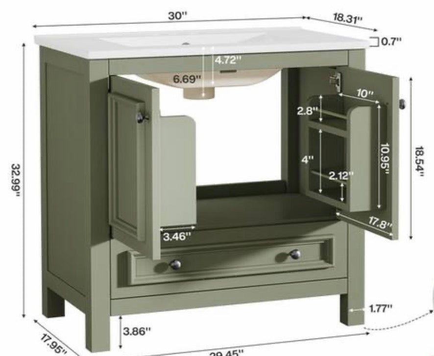 30 in. Single Sink Freestanding Green Bath Vanity with White Ceramic Top Unassembled