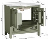 30 in. Single Sink Freestanding Green Bath Vanity with White Ceramic Top Unassembled