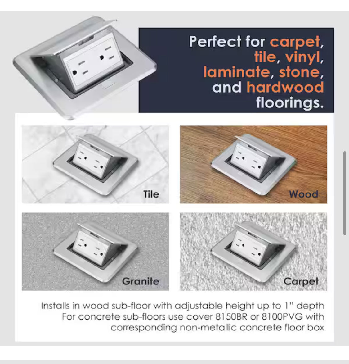 Pop-Up Floor Outlet, Electrical Box for Wood Sub-Flooring with 15A TR Duplex Receptacle, Satin Nickel