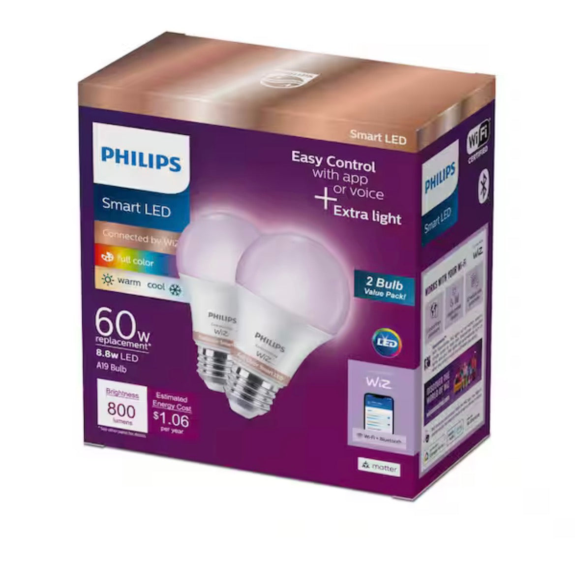 Color and Tunable White A19 LED 60-Watt Equivalent Dimmable Smart Wi-Fi Wiz Connected Wireless Light Bulb (2-Pack)