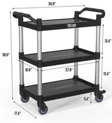 3 Tier Medium 390 lbs. Capacity Plastic Utility Cart with Wheels Black