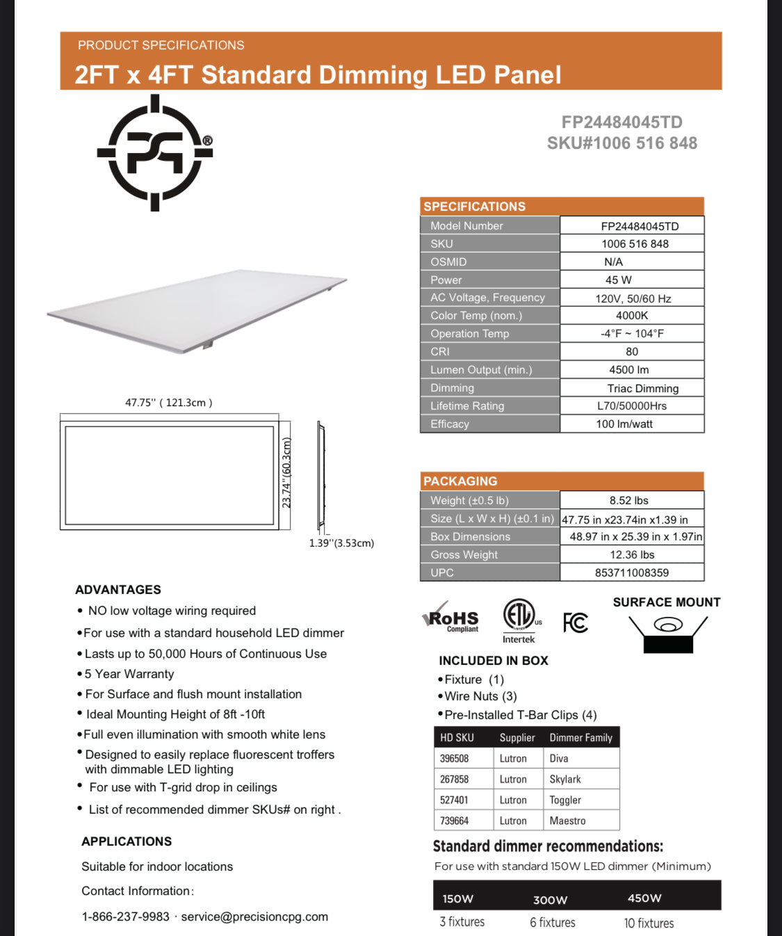 2 ft. x 4 ft. 4500 Lumens integrated LED panel light, 4000K