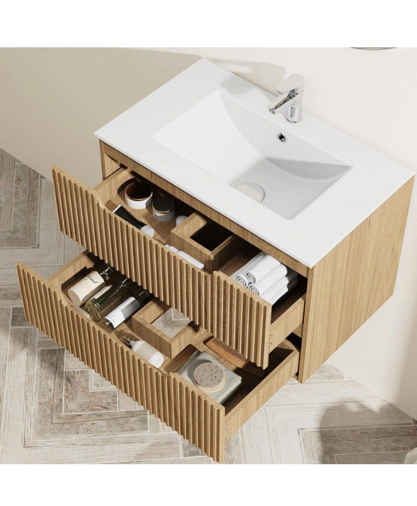 30 in. W Floating Wall Mounted Bath Vanity in Walnut with White Ceramic Top and U-shaped Drawers