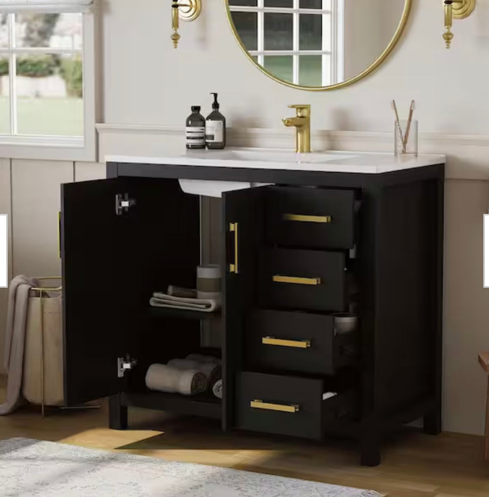 Raven 37 in. Single Sink Black Bath Vanity with White Engineered Solid Surface Top and 4 Drawers (Unassembled)