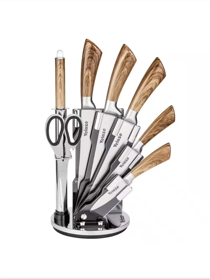 8-Piece Brown Acrylic Handle Stainless Steel Knife Set with Knife Block