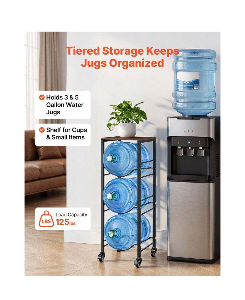 4-Tier Water Jug Rack, Organizer for 3 and 5 Gal. Bottles with Shelf and Wheels, Black and Brown, Heavy-Duty Stand