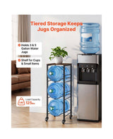 4-Tier Water Jug Rack, Organizer for 3 and 5 Gal. Bottles with Shelf and Wheels, Black and Brown, Heavy-Duty Stand