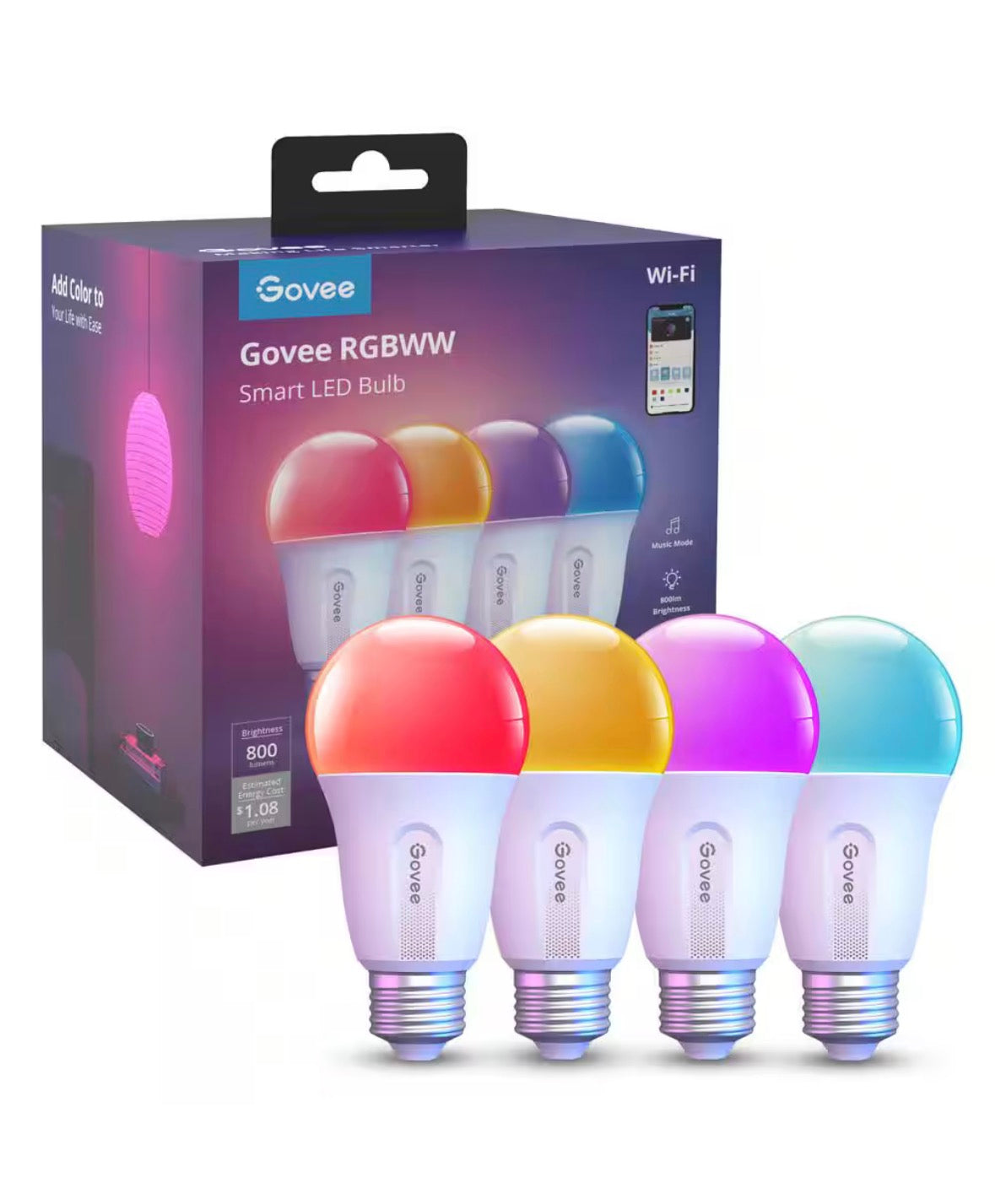 4-Packs 9-Watt 800 Lumens A19 Shape E26 Base 2700-6500K RGBWW Smart LED Bulb