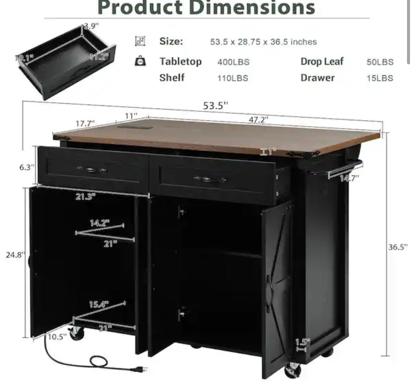 Black Kitchen Cart with Drop-Leaf, Built-in USB Ports and Outlets, 5 Wheels, Spice Rack, 2-Drawers