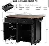 Black Kitchen Cart with Drop-Leaf, Built-in USB Ports and Outlets, 5 Wheels, Spice Rack, 2-Drawers