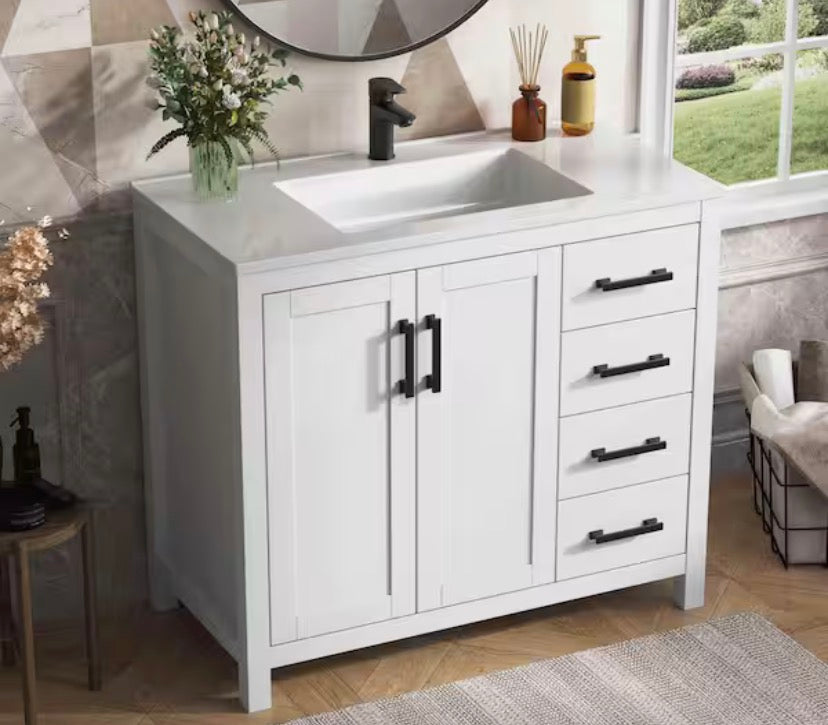 Raven 37 in. Single Sink White Bath Vanity with White Engineered Solid Surface Top and 4 Drawers (Unassembled)