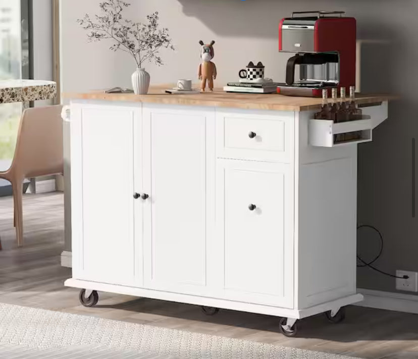 White Wood 54 in. Kitchen Island Cart on Wheels with Drop Leaf Pull Out Cabinet Organizer with Spice Rack, Towel Rack