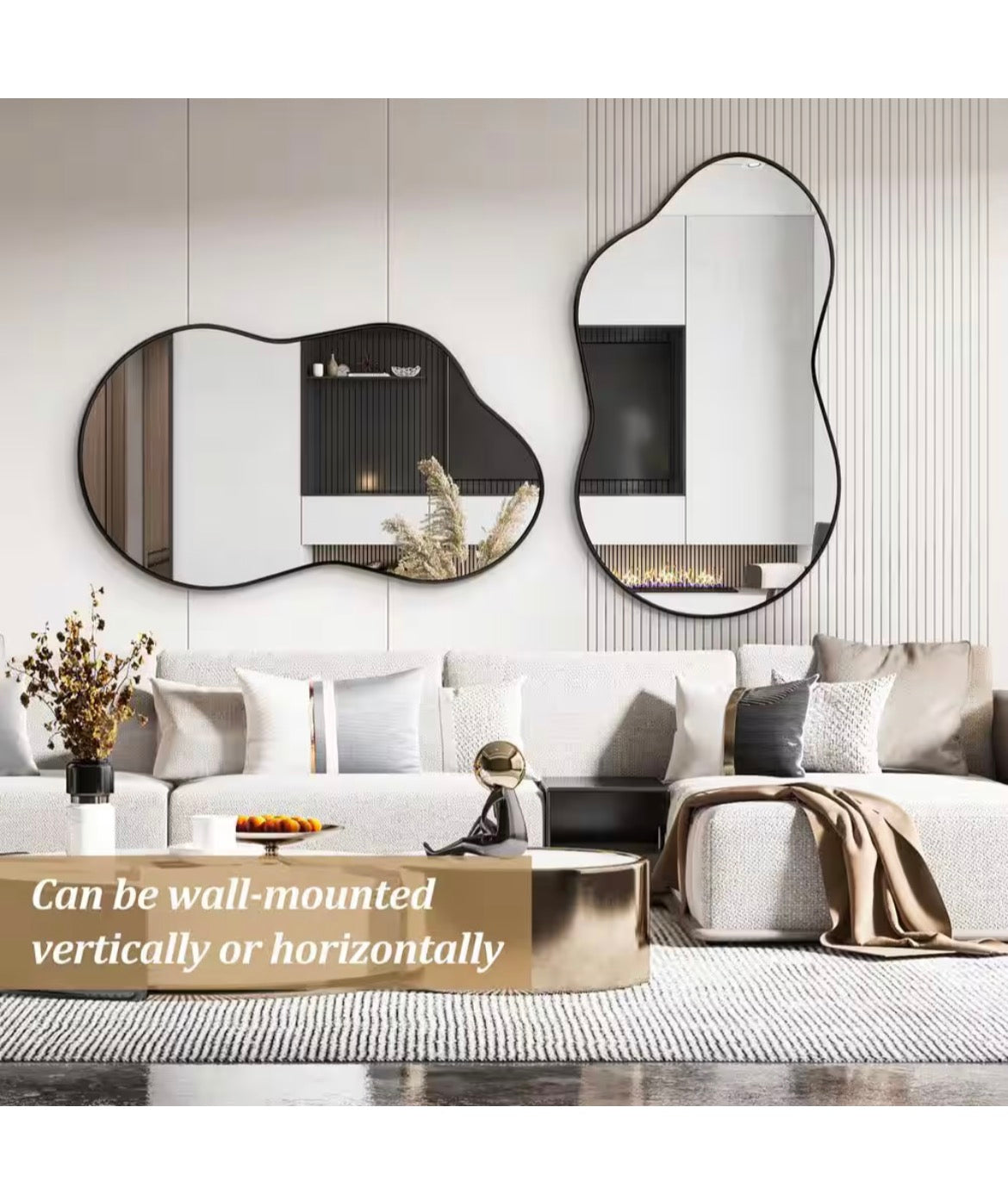46 in. W. x 26 in. H Irregular Black Aluminum Alloy Framed Wall Mirror Asymmetrical Wall Mirror
