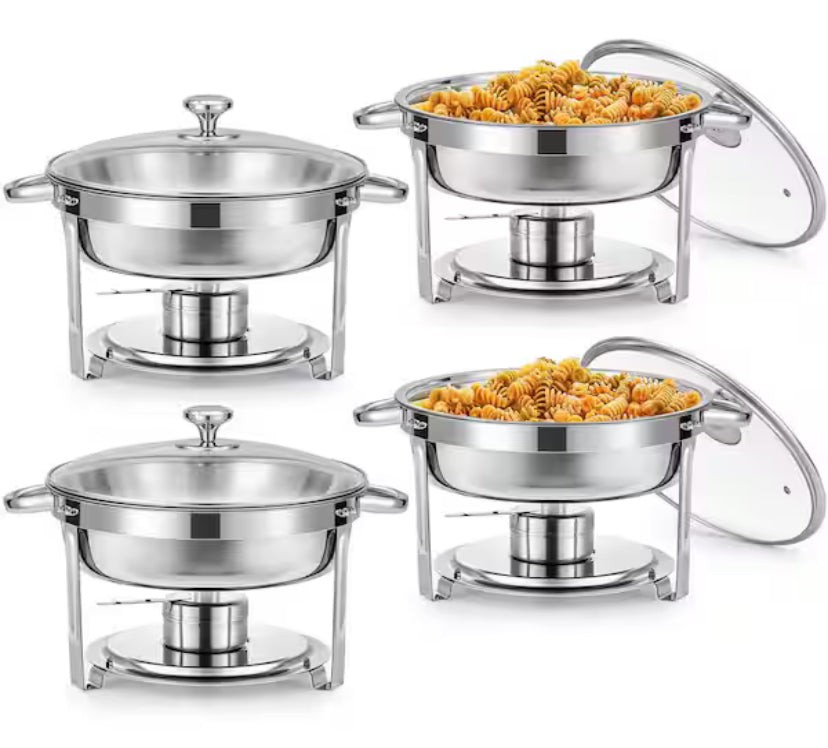 4-Pack 6 qt. Stainless Steel Round Chafing Dishes Buffet Set Catering Glass Lid Holder