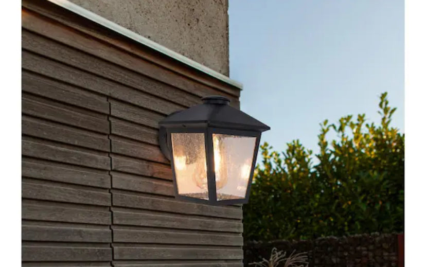 Malena 1-Light Black Hardwired Outdoor Wall Lantern Sconce Light with Clear Seeded Glass