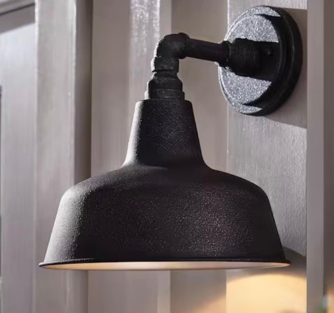 Hargreaves 13.5 in. 1-Light Gilded Iron Rustic Farmhouse Hardwired Outdoor Wall Light Lantern Sconce with Seeded Glass