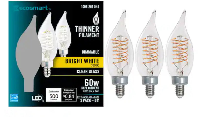 60-Watt Equivalent BA11 Dimmable E12 Candelabra Fine Bendy Filament LED Vintage Edison Light Bulb Bright White (3-Pack)