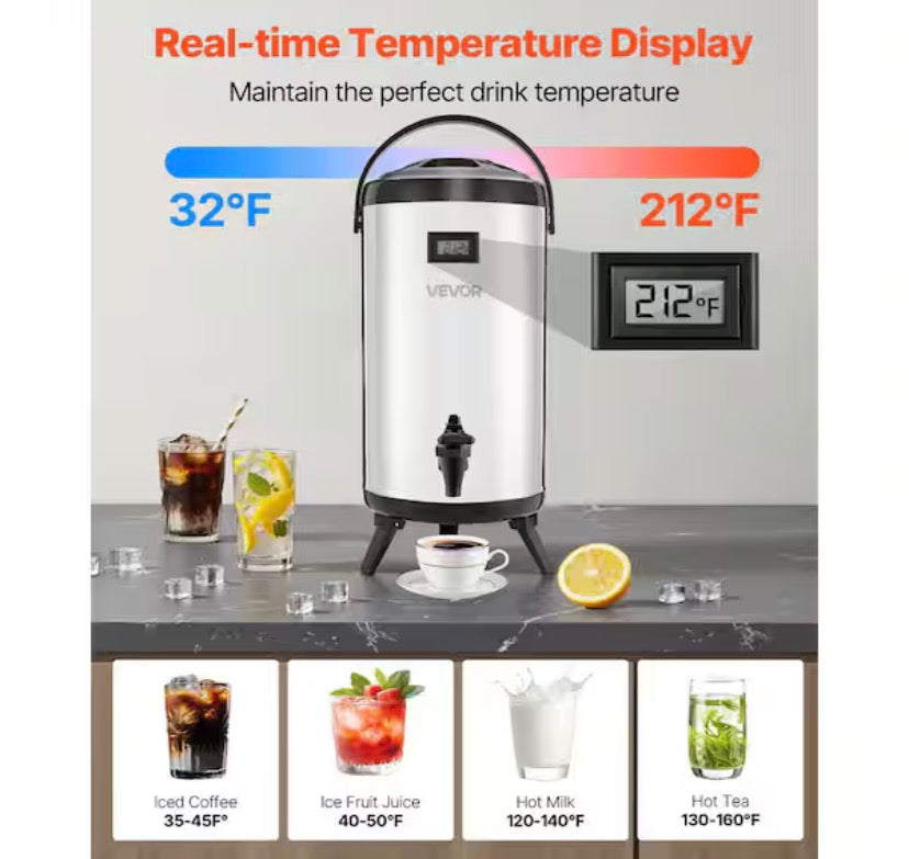 Insulated Beverage Dispenser 2.4 Gal./9.2L Stainless Steel w/ Spigot and Temp Display Hot and Cold Drinks for Tea/Coffee