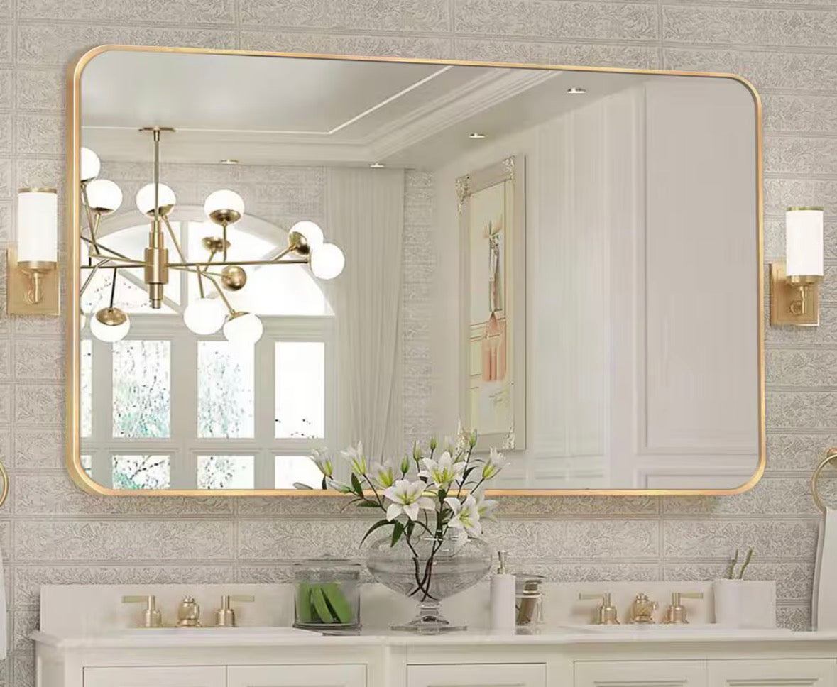 30 in. W x 48 in. H Modern Rectangular Aluminum Alloy Gold Rounded Corner Wall Mirror/Decorative Mirror