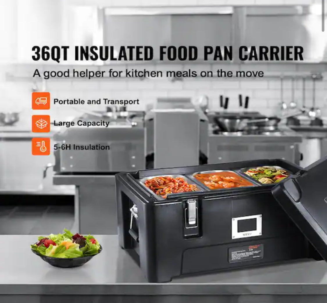 Insulated Food Pan Carrier 36 Qt. Capacity Stackable Catering Hot Box Top Load Food Warmer for Restaurant Canteen, Black