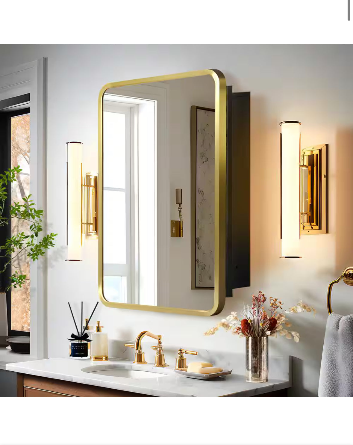 16 in. W x 24 in. H Rectangular Recessed Surface Mount Medicine Cabinet Mirror Gold