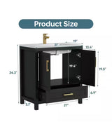 Raven 31 in.W Single Sink Black Freestanding Bath Vanity with White Engineered Solid Surface Top Unassembled