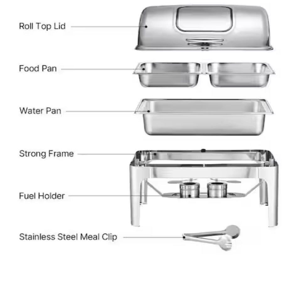 Roll Top Chafing Dish Set, 4 qt. Stainless Steel Chafer with 2 Half Size Pans, Rectangle Catering Warmer, Silver