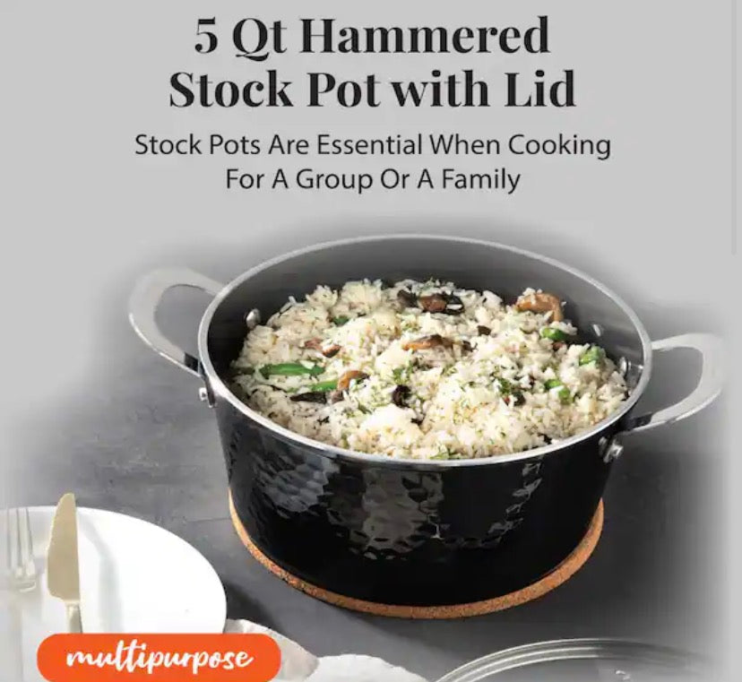 Hammered Black 5 qt. Aluminum Non-Stick Stock Pot with Glass Lid