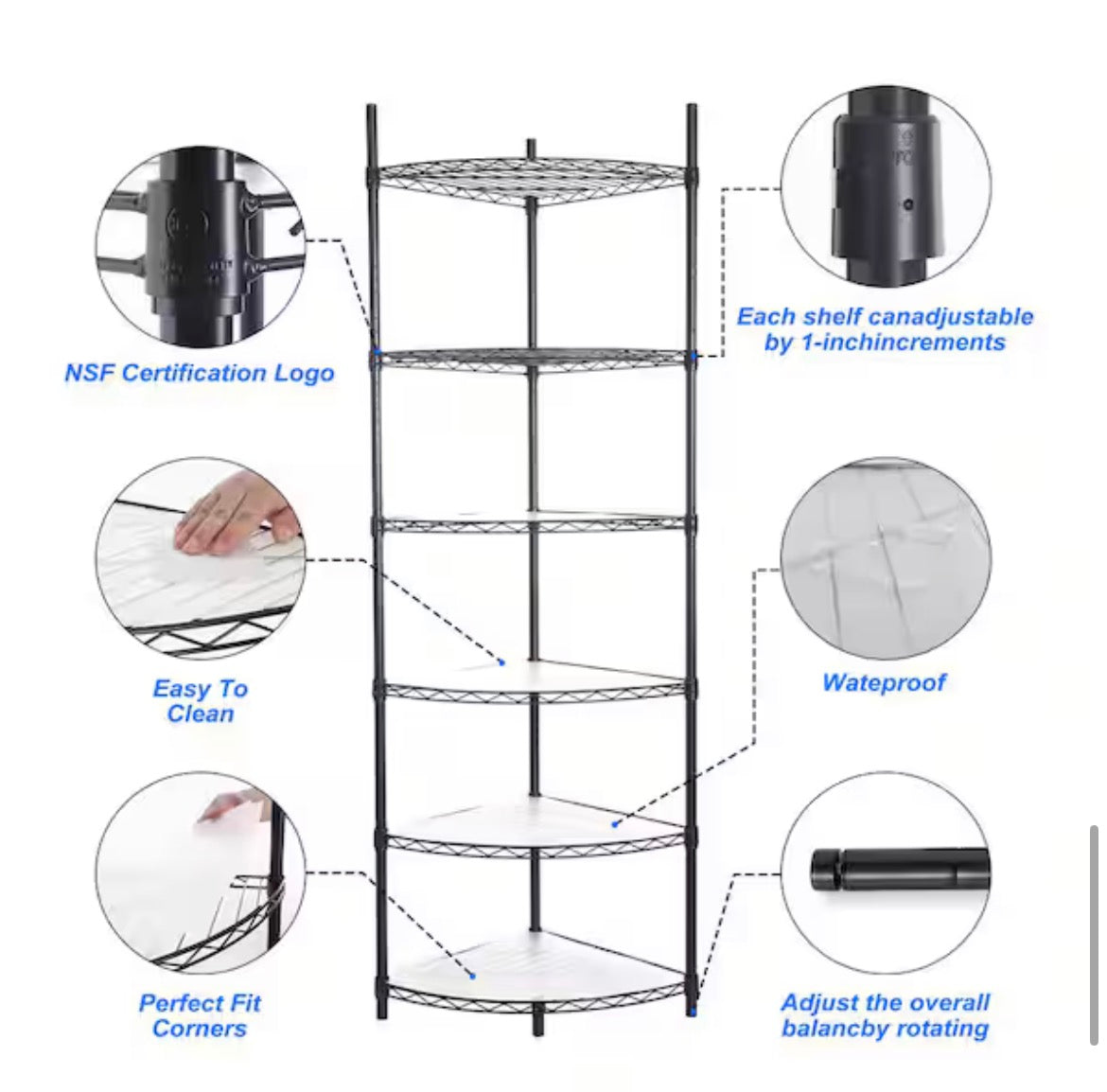 6-Tier Heavy Duty Steel Wire Corner Shelving Unit in Black (18 in. W x 18 in. H x 72 in. D)