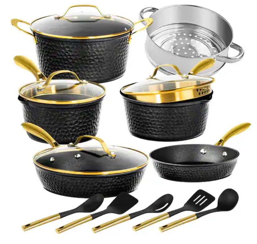 Charleston Collection 15-Piece Aluminum Hammered Ceramic Coating Nonstick Cookware Set with Utensils in Black