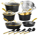 Charleston Collection 15-Piece Aluminum Hammered Ceramic Coating Nonstick Cookware Set with Utensils in Black