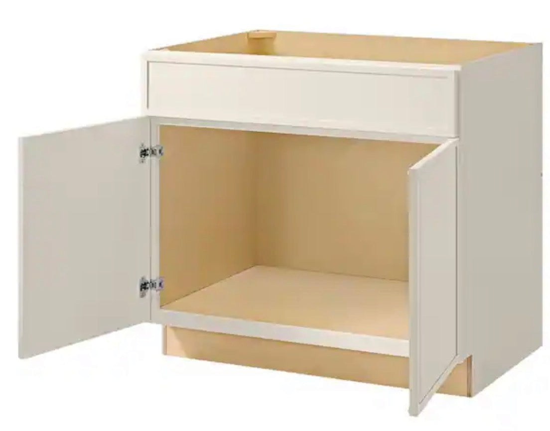 Leyton 36 in. W x 24 in. D x 34.5 in. H Ready to Assemble Plywood Slim Shaker Sink Base Kitchen Cabinet in Antique White