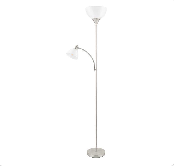 70 in. Brushed Nickel Mother Daughter 2-Light Torchiere Floor Lamp with Plastic Shade
