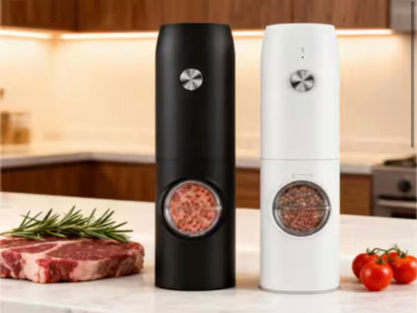 2 Pack Rechargeable Black/White Automatic Electric Salt and Pepper Grinder Set, Type-C Charging, 5 Adjustable Coarseness