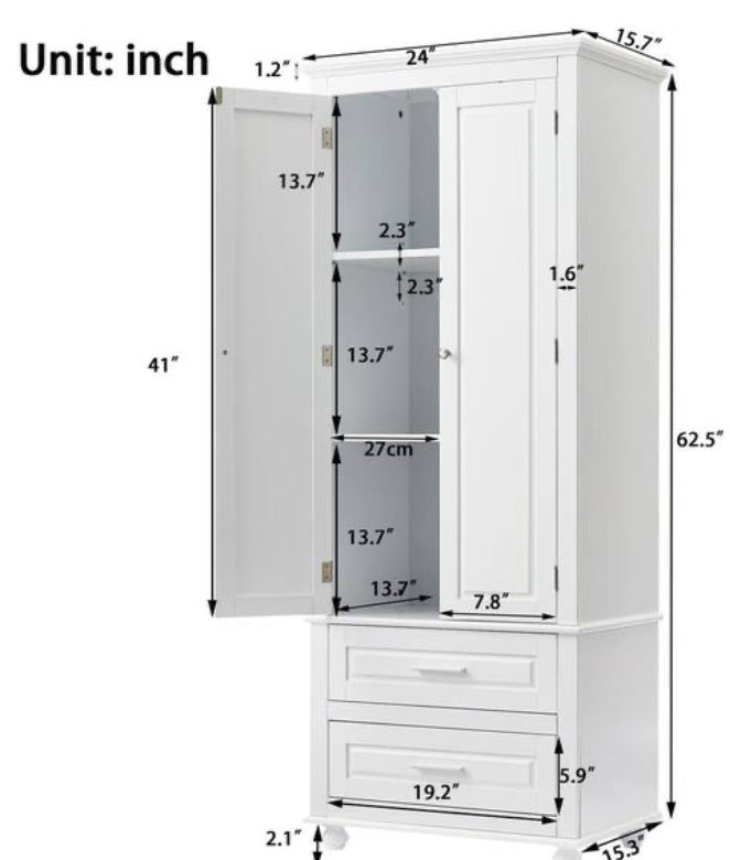 24 in. W x 15.7 in. D x 62.5 in. H White Linen Cabinet with 2 Doors and 2 Drawers