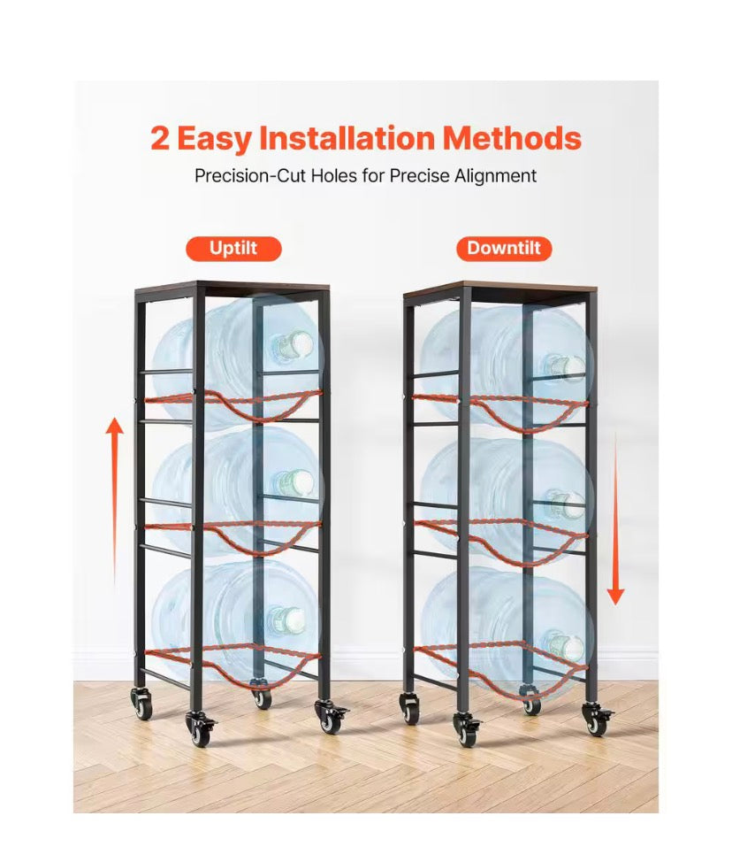 4-Tier Water Jug Rack, Organizer for 3 and 5 Gal. Bottles with Shelf and Wheels, Black and Brown, Heavy-Duty Stand