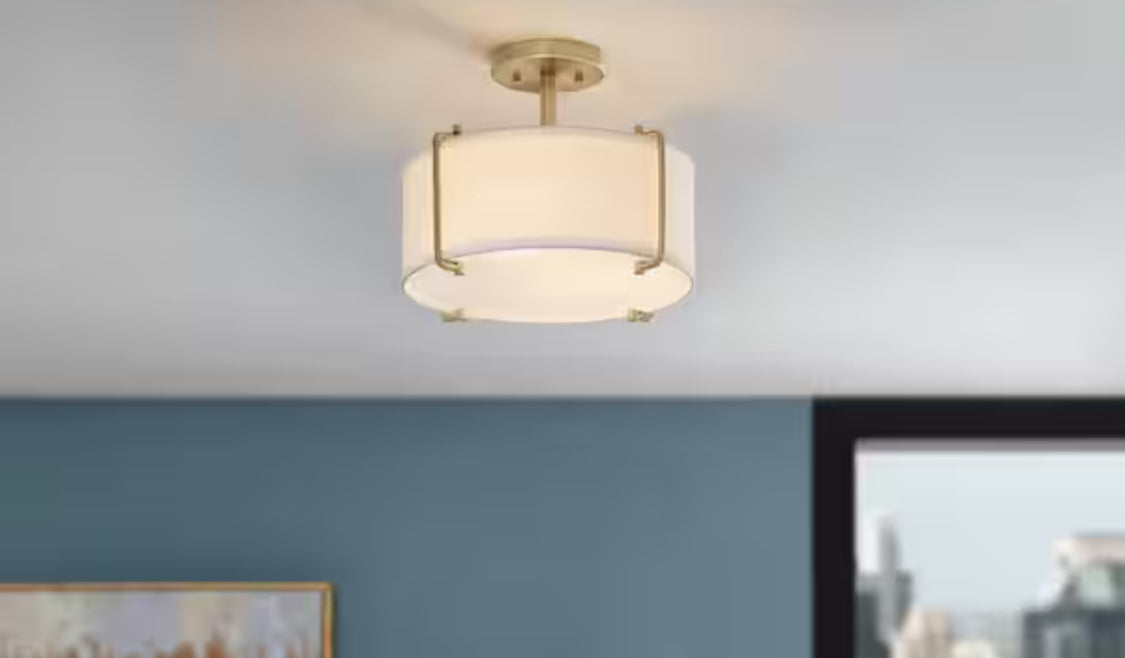 Brookley 14 in. 2-Light Brushed Gold Semi-Flush Mount with White Fabric Shade