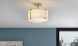 Brookley 14 in. 2-Light Brushed Gold Semi-Flush Mount with White Fabric Shade