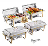 Chafing Dish Buffet Set, 8 qt. 4-Pack, Gold, Stainless Steel Chafing Dishes and Accessories, 4 Half Size Pans, Rectangle