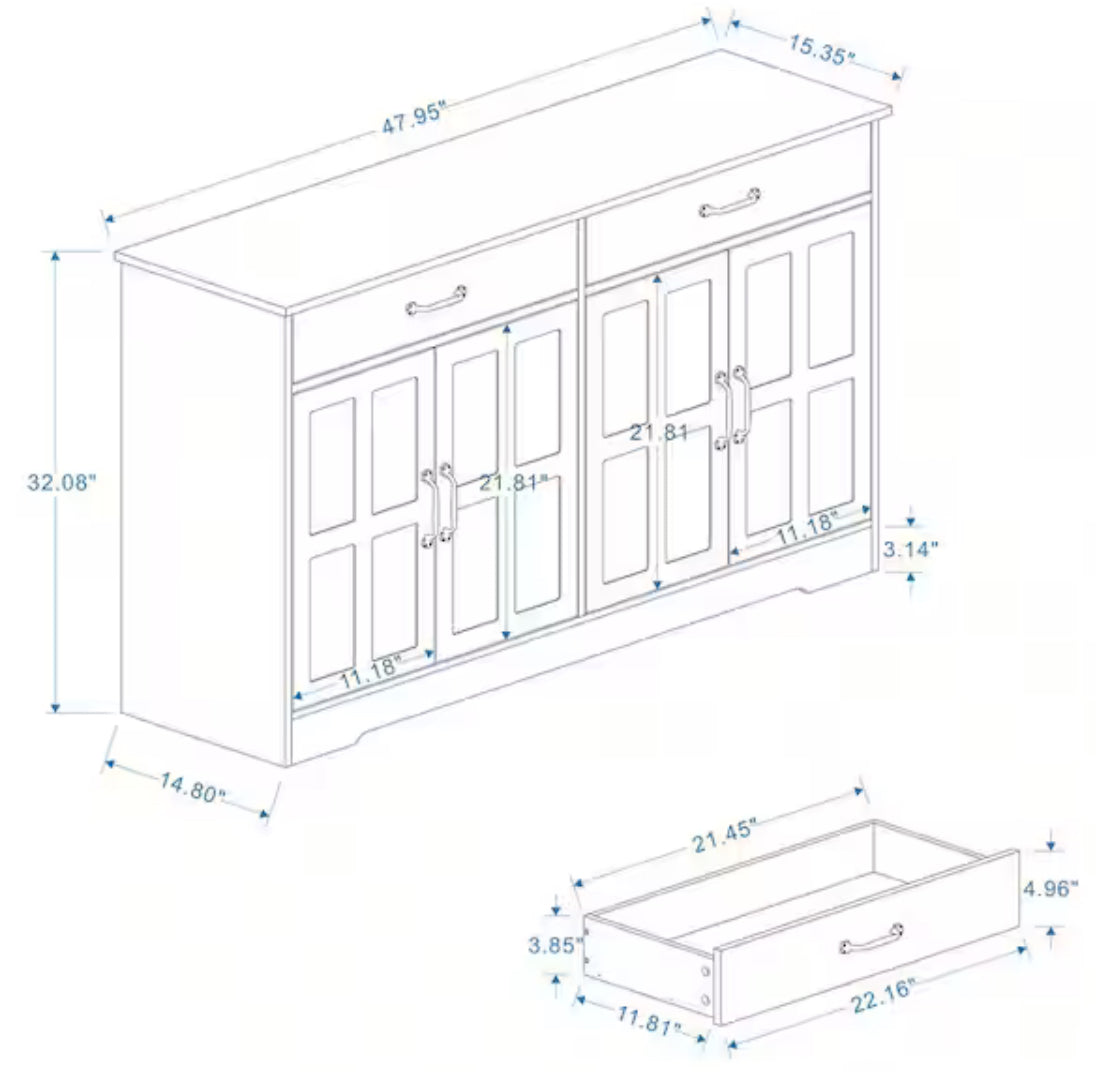 47.95inx15.35inx32.09in MDF Ready to Assemble Kitchen Cabinet in White with 2 Drawers and 4 Field Cabinet Door