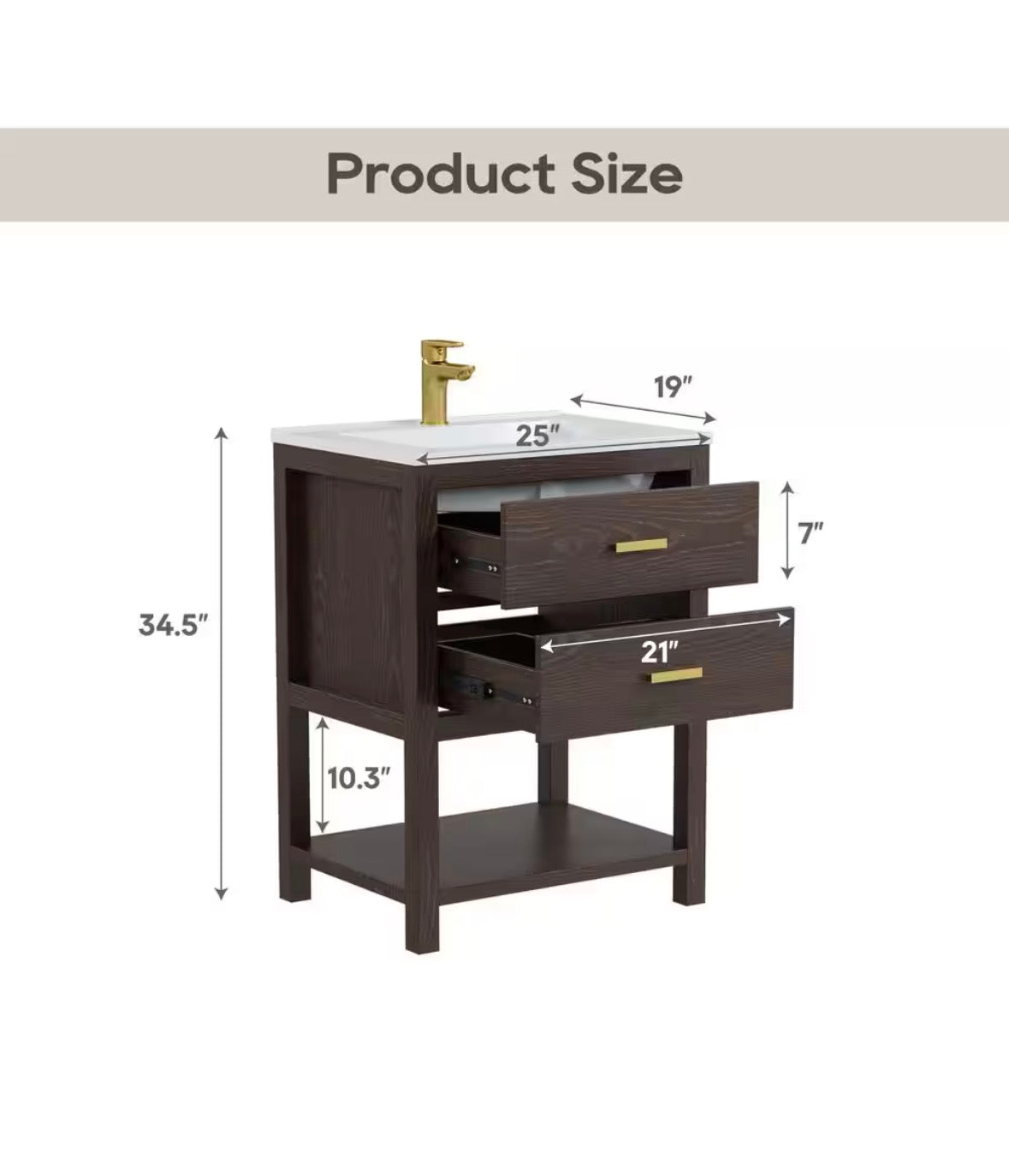 Magen 25 in. Single Sink Bath Vanity in Walnut with White Engineered Solid Surface Top and 2 Drawers (Unassembled)