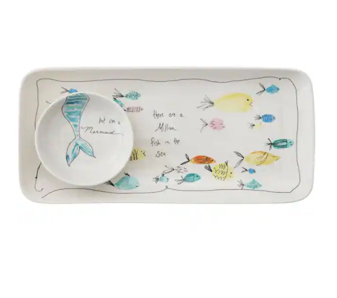 11.8 in. Multi-Colored Stoneware Rectangle Platters (Set of 2)