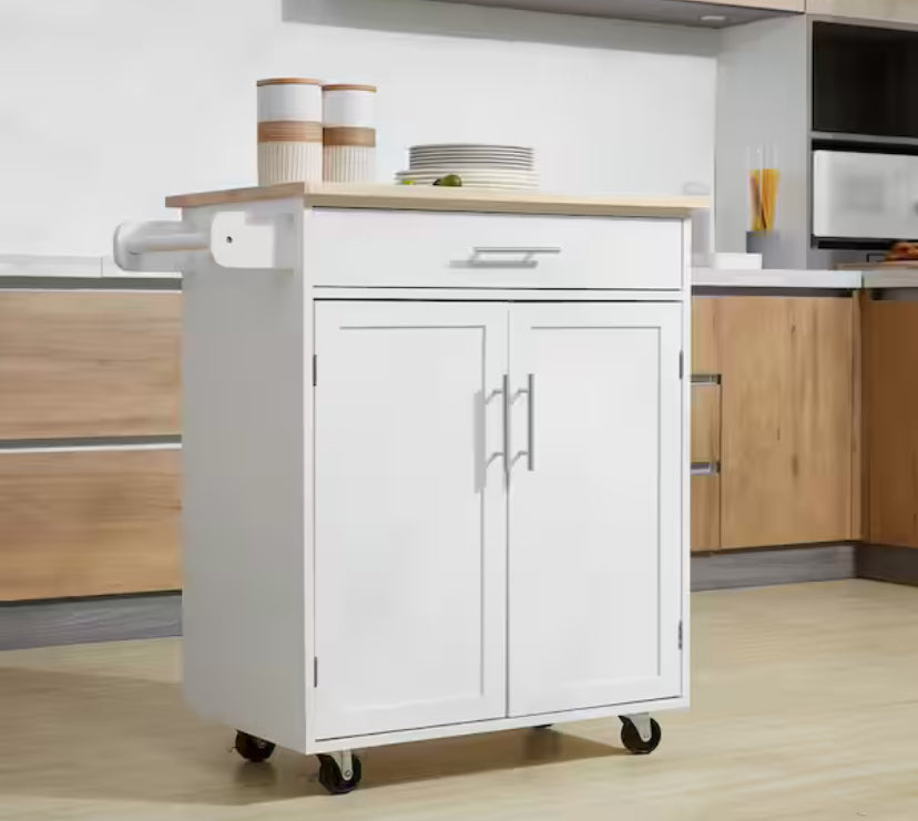 White Rolling Kitchen Island Cart with Drawer, Interior Cabinet and Towel Rack