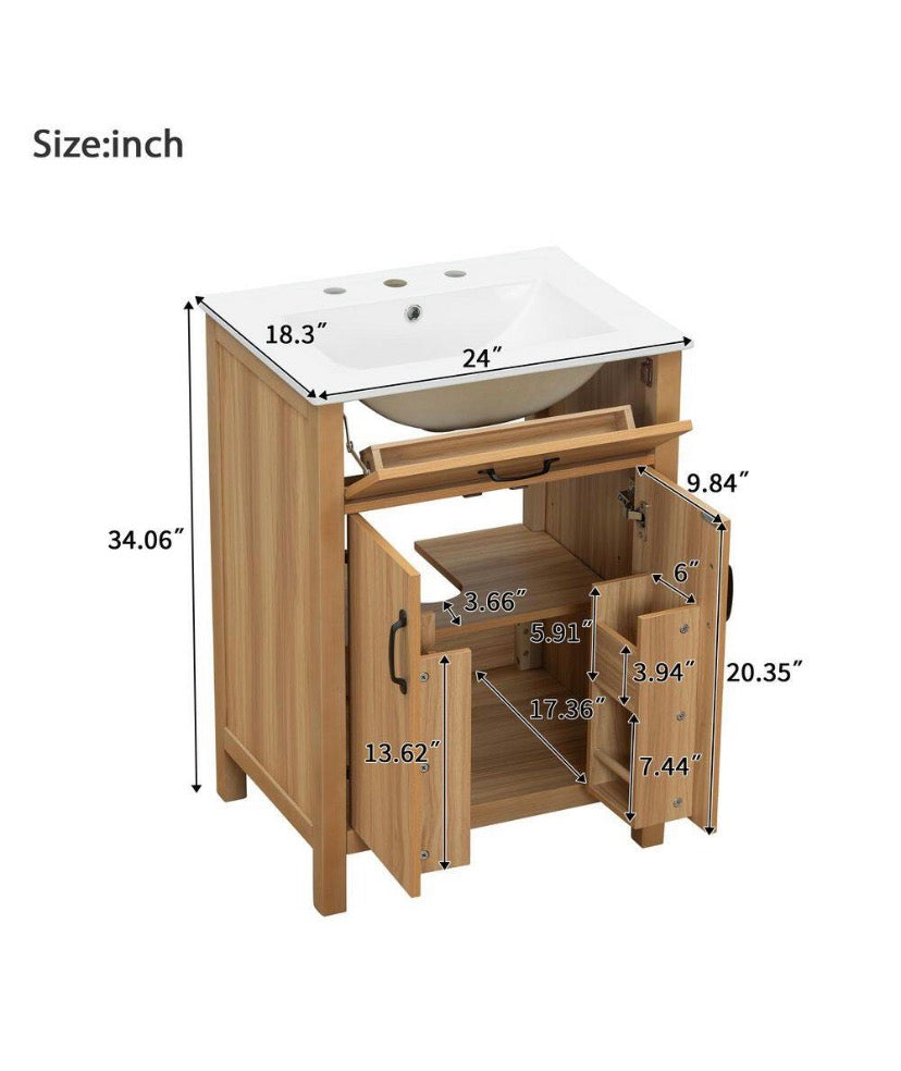 24 in. W Acacia Wood Single Sink Bath Vanity with White Ceramic Top, Flip Drawer, Door Shelves