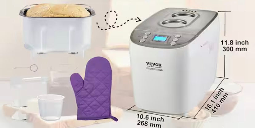 Bread Maker, 15-in-1 3 lbs. Dough Machine, Nonstick Ceramic Pan Automatic Breadmaker with Gluten Free Setting White
