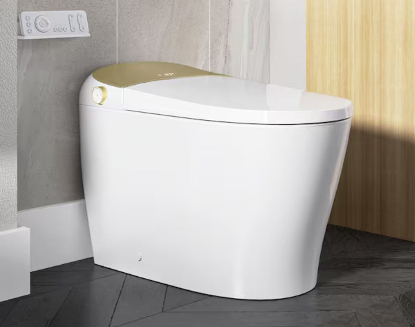 Tankless Elongated Smart Toilet Bidet in Golden with Auto Flush, Heated Seat, Warm Air Dryer, Bubble Infusion Wash
