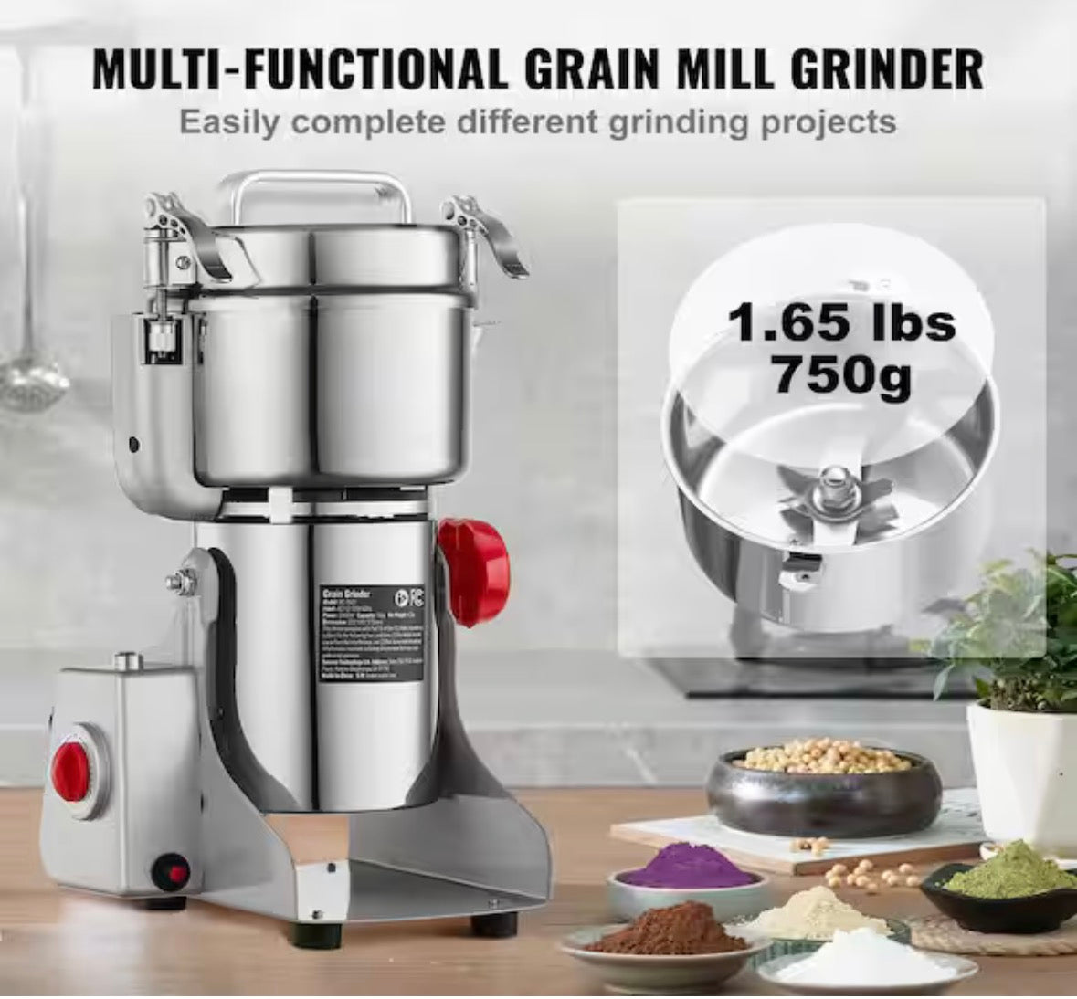750g Electric Grain Mill Grinder, 2000-Watt High Speed, Stainless Steel Commercial Spice Pulverizer