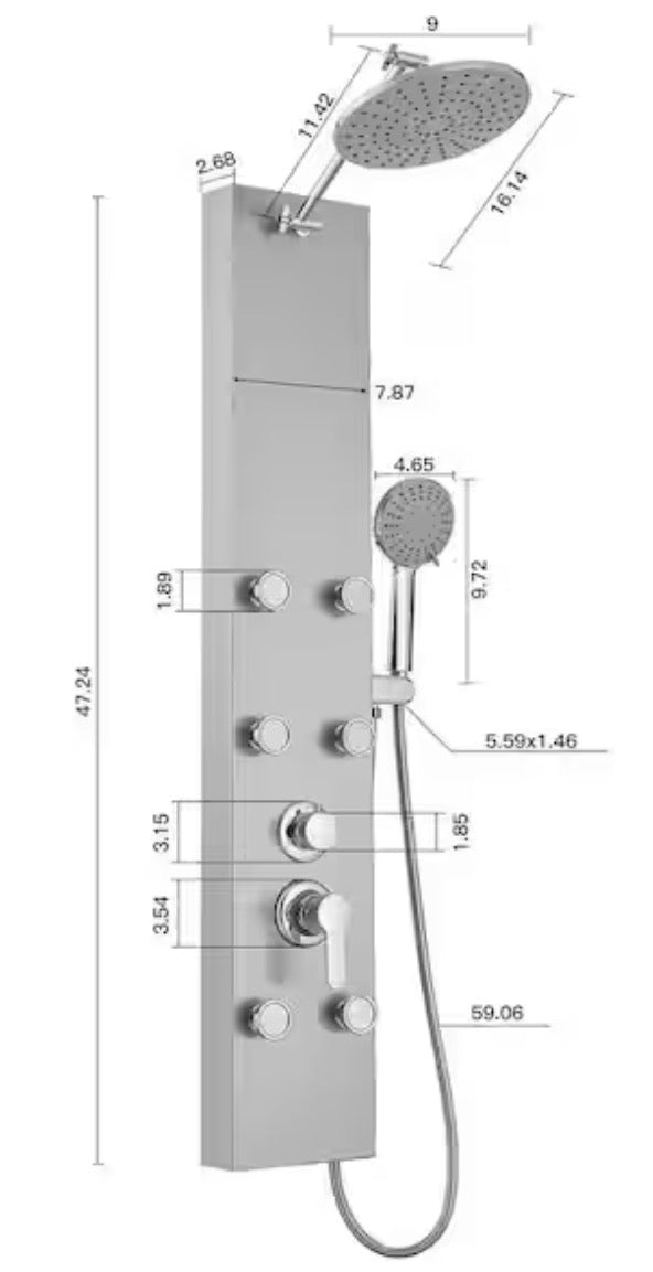 6-Jet Rainfall Shower Tower Shower Panel System with Rainfall Waterfall Shower Head and Shower Wand in Chrome Nickel
