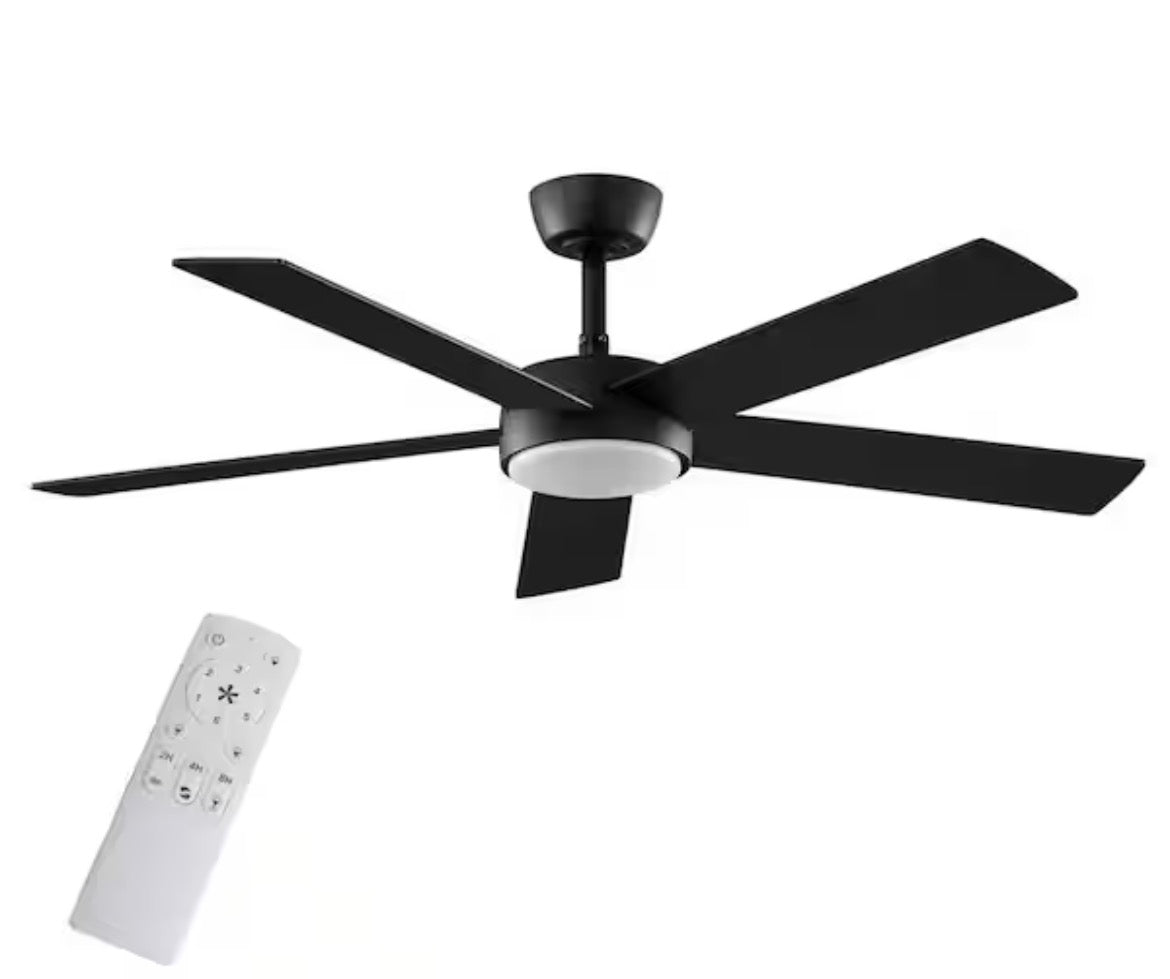 Benning 52 in. Indoor Matte Black Downrod Mount Ceiling Fan with Adjustable White Light LED and Remote Control Included