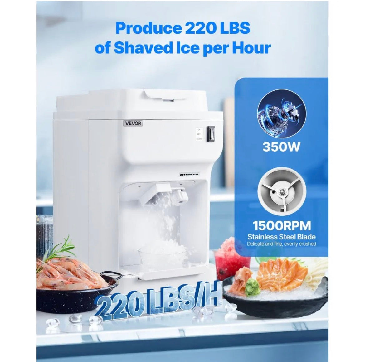 VEVOR Commercial Ice Shaver Crusher, 220lbs Per Hour Electric Snow Cone Maker with 4L Ice Cube Box, 350W 1500RPM Tabletop Shaved Ice Machine for Parties Events Bar, Home and Commercial Use (White)